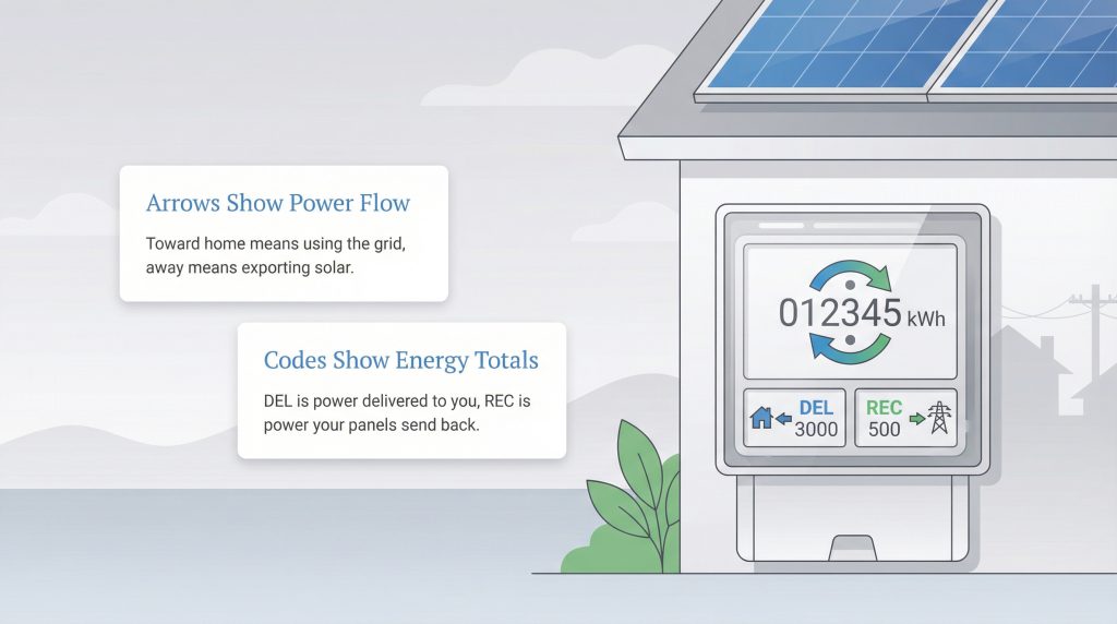 Diagram explaining how arrows and DEL/REC codes on a solar net meter show power delivery and export.