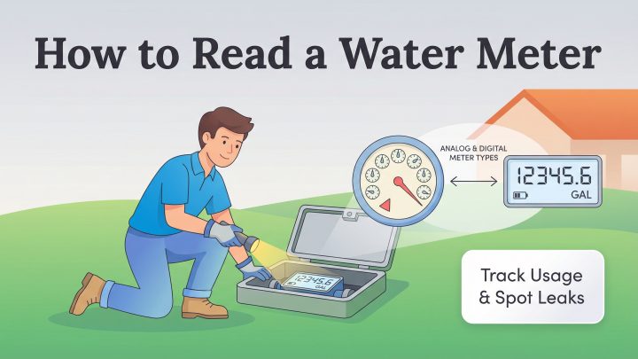 Man using a flashlight to read a water meter in a ground box, with analog and digital displays shown.