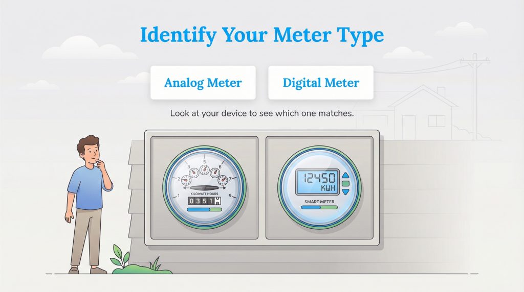 Illustration of a man comparing an analog meter with dials and a digital meter with a screen.