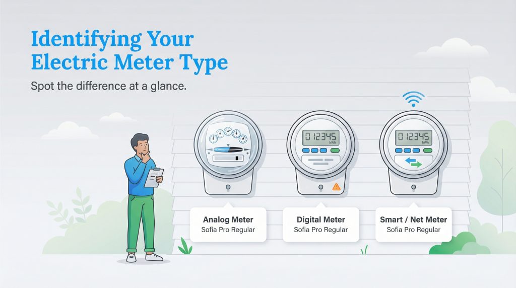A visual comparison of an analog meter, a digital meter, and a smart meter with a wireless signal.