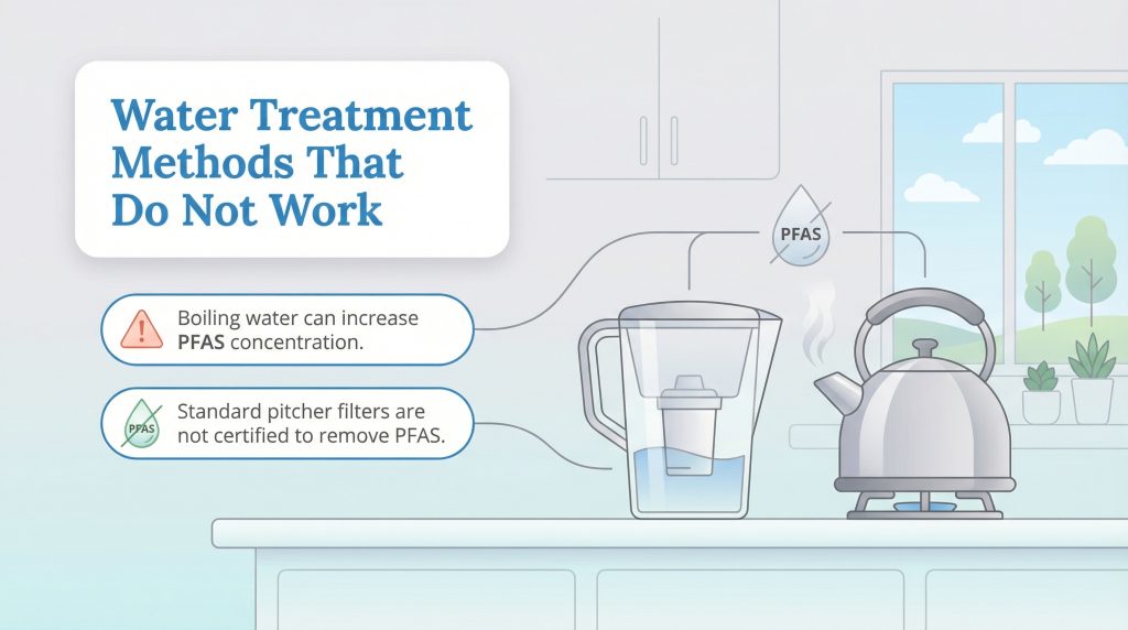 Infographic showing boiling water and standard pitcher filters do not remove PFAS.