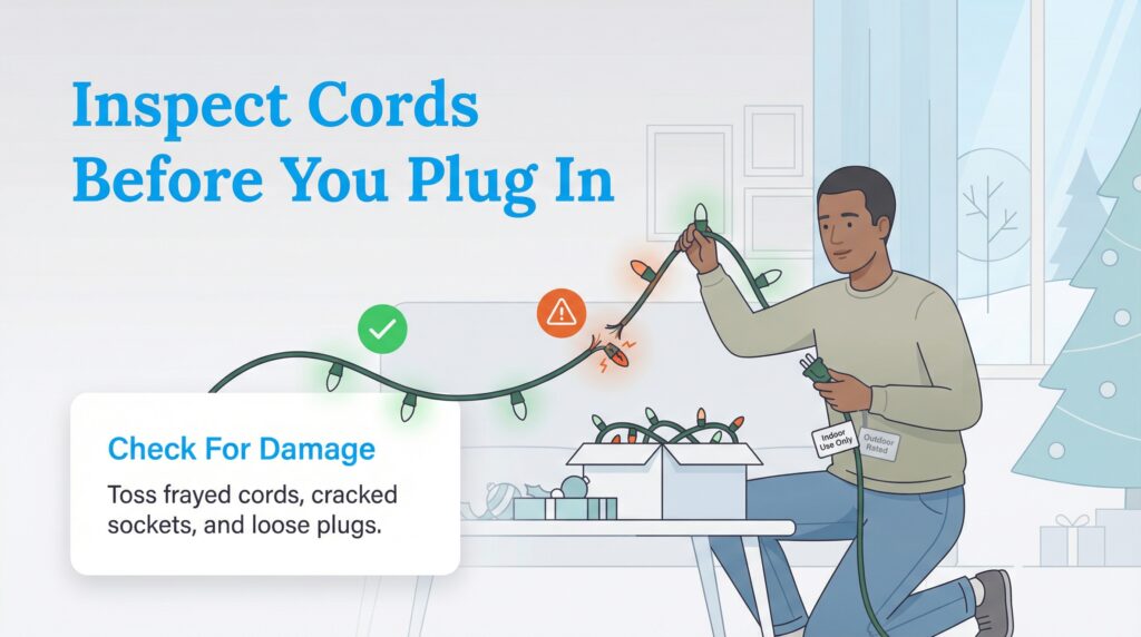 Man inspects holiday lights, holding a frayed wire. A tag on the plug reads 'Indoor Use Only'.