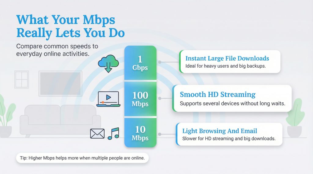 Infographic comparing 1 Gbps, 100 Mbps, and 10 Mbps internet speeds to common online activities.