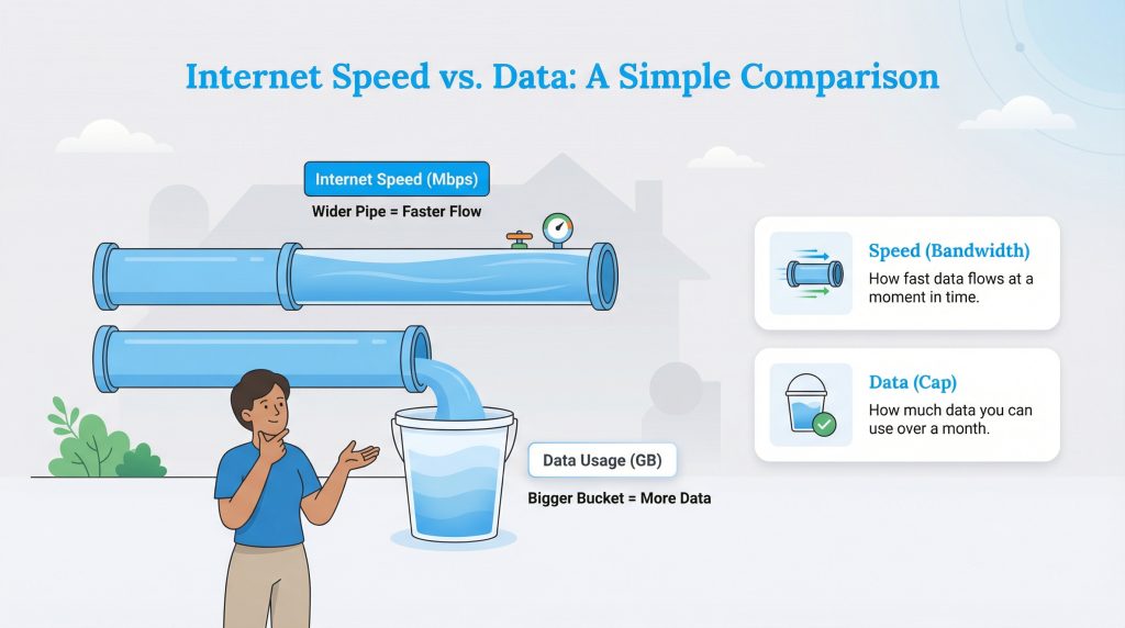 Infographic comparing internet speed to water flow rate and data cap to bucket size.