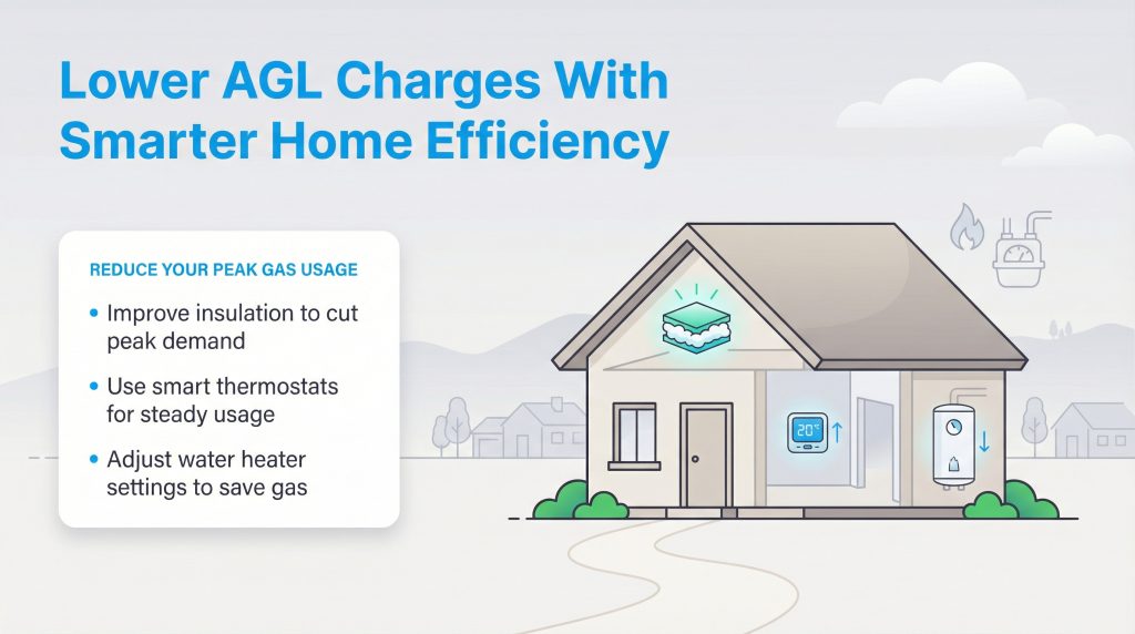 Infographic showing how to lower AGL charges with home efficiency, including smart thermostats and insulation.