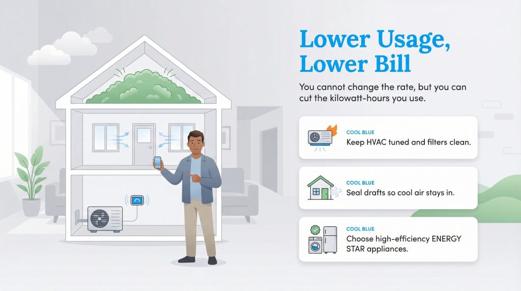 Infographic showing three tips to lower energy usage: HVAC maintenance, sealing drafts, and Energy Star appliances.