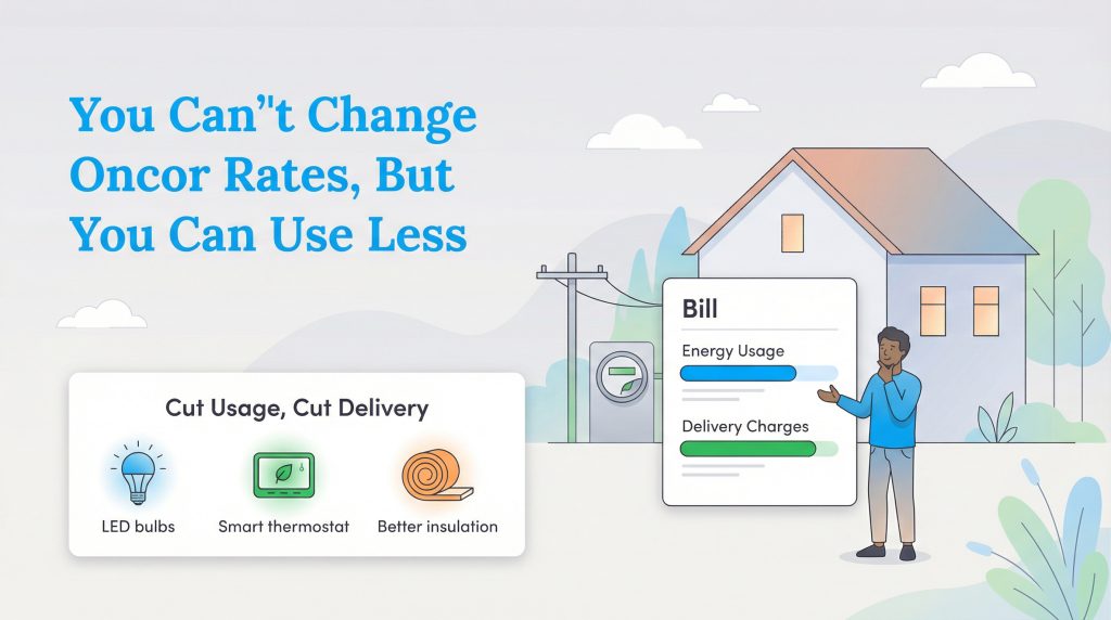 Illustration showing a man comparing energy usage and delivery charges on a bill, with tips to cut usage.