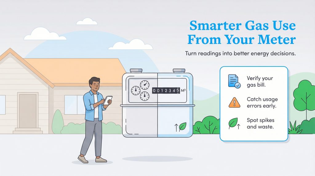 Man reading gas meter outside a house with list of benefits.