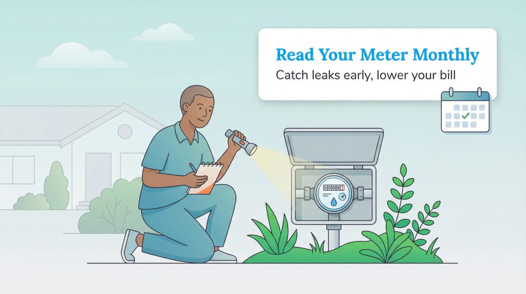 A man kneels outside with a flashlight and notepad, recording readings from an open water meter box.
