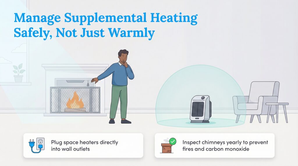 Man with safe fireplace and space heater with safety zone, plus tips on outlets and chimneys.