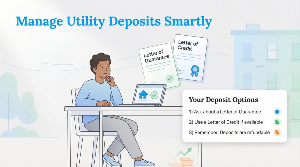 A person at a laptop reviews utility deposit options like letters of guarantee or credit.