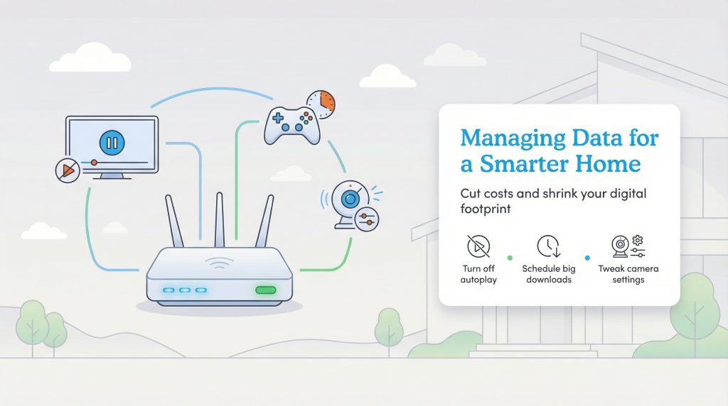 Infographic illustrating tips to manage home data usage and cut costs, like turning off autoplay.