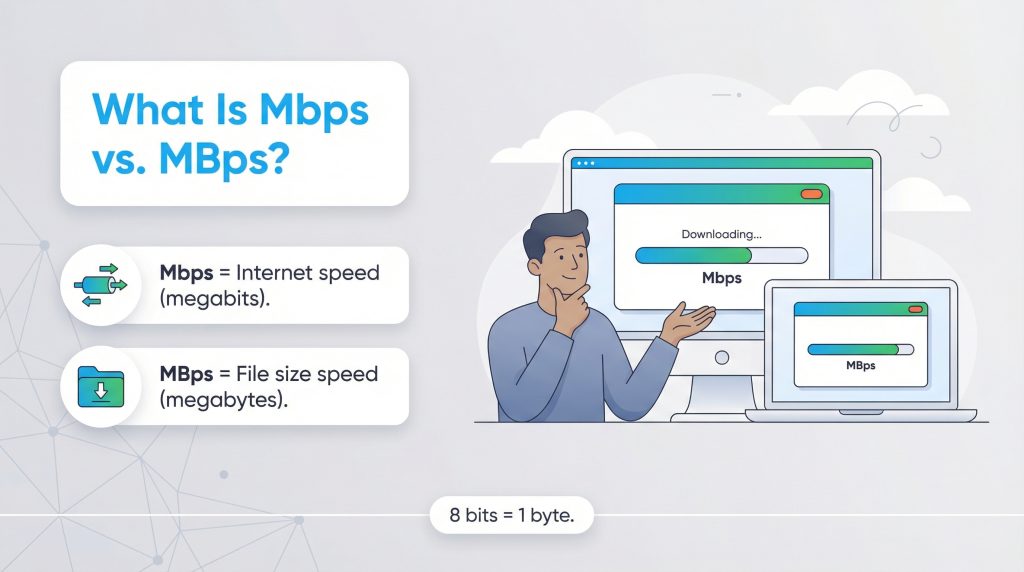 Infographic titled 'What Is Mbps vs. MBps?' explaining the difference between internet speed and file size.