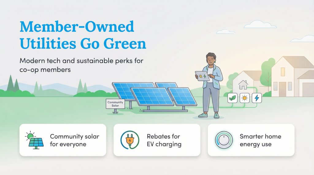An illustration showing a person, solar panels, and icons for community solar, EV rebates, and smart home tech.