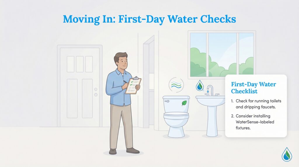A man holding a checklist in a bathroom next to a box detailing first-day water checks.
