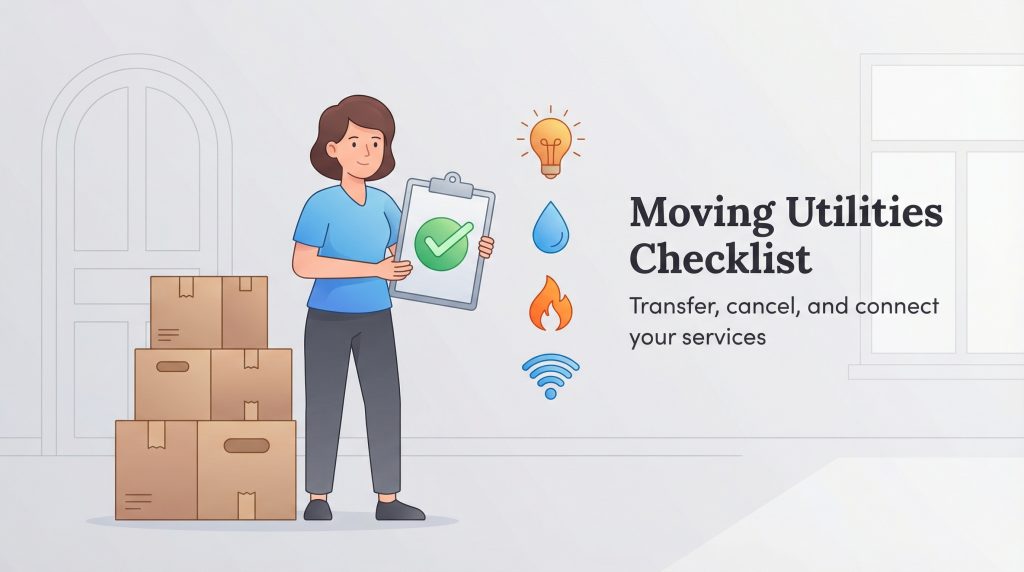 Woman with moving boxes and a completed utilities checklist with icons for various services.