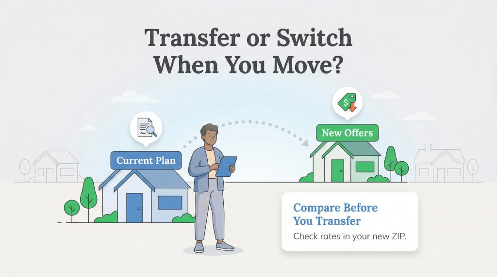 Illustration showing a person comparing current and new utility plans when moving homes.