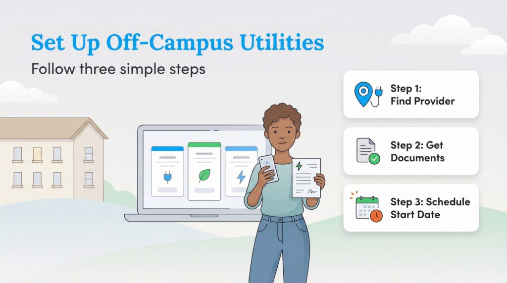 Infographic showing steps to set up utilities: Find Provider, Get Documents, Schedule Start Date.