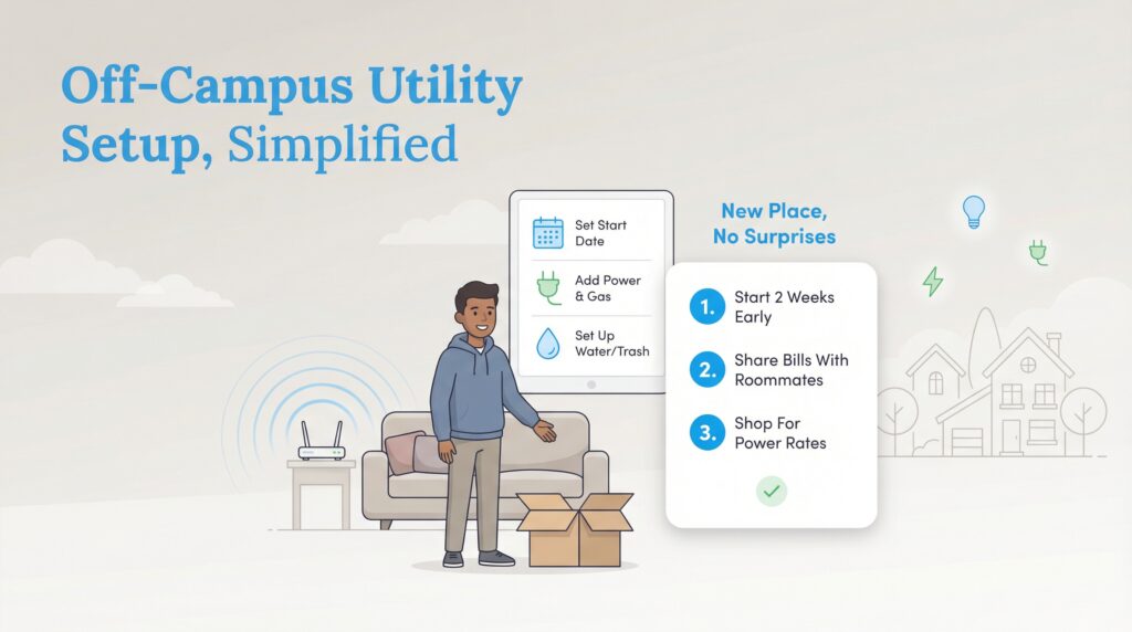 Illustration of a student with checklists for setting up off-campus apartment utilities.