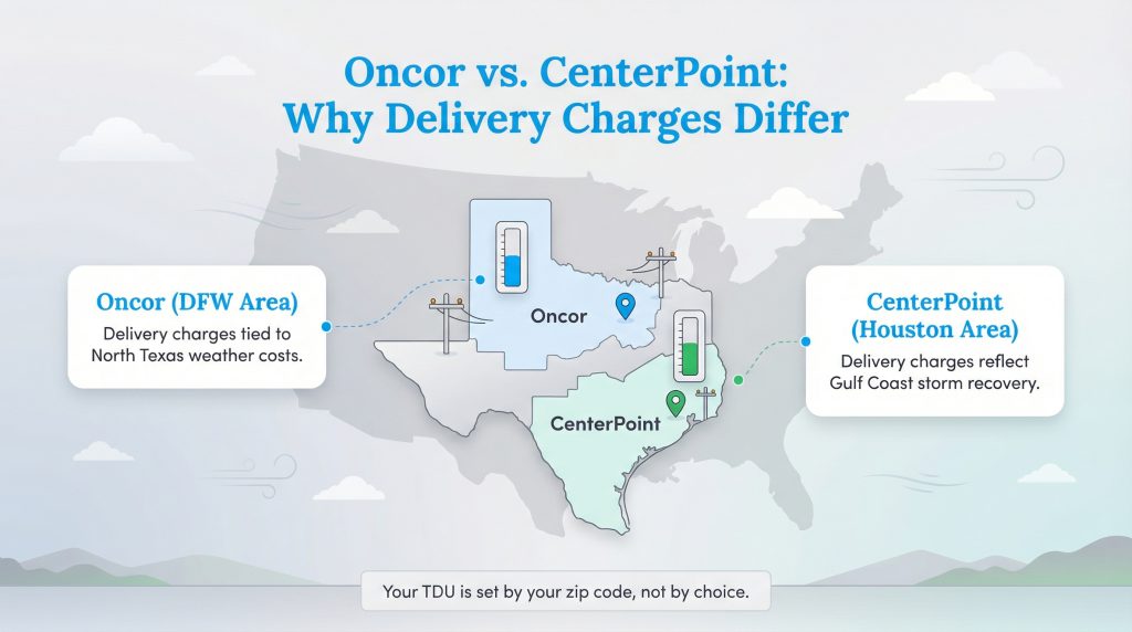 Map comparing Oncor (North Texas) and CenterPoint (Houston) delivery charges based on regional weather recovery costs.