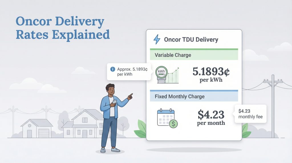Man points to a graphic showing Oncor's variable charge of 5.1893 cents per kWh and fixed charge of $4.23 per month.