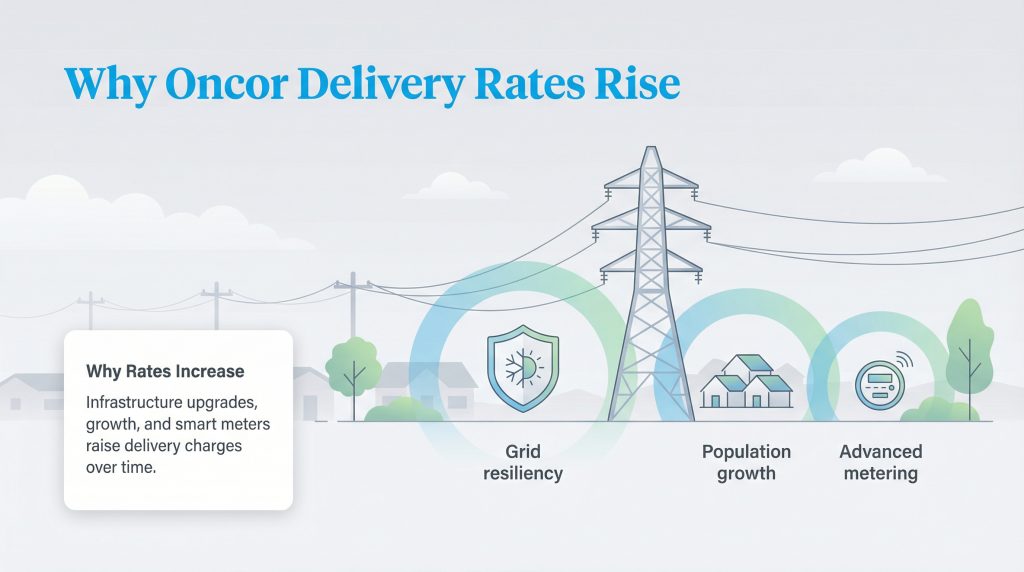 Infographic illustrating that Oncor delivery rates rise due to grid resiliency, population growth, and advanced metering.
