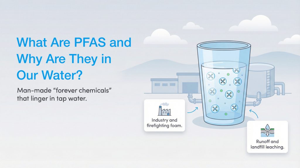 A glass of water with chemical molecules is shown with arrows pointing from icons of a factory and a landfill, illustrating how PFAS enter the water supply.