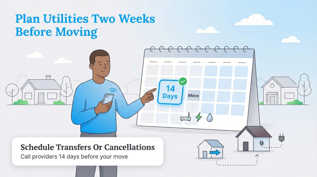 A person points to a calendar showing 14 days before moving to schedule utility services.