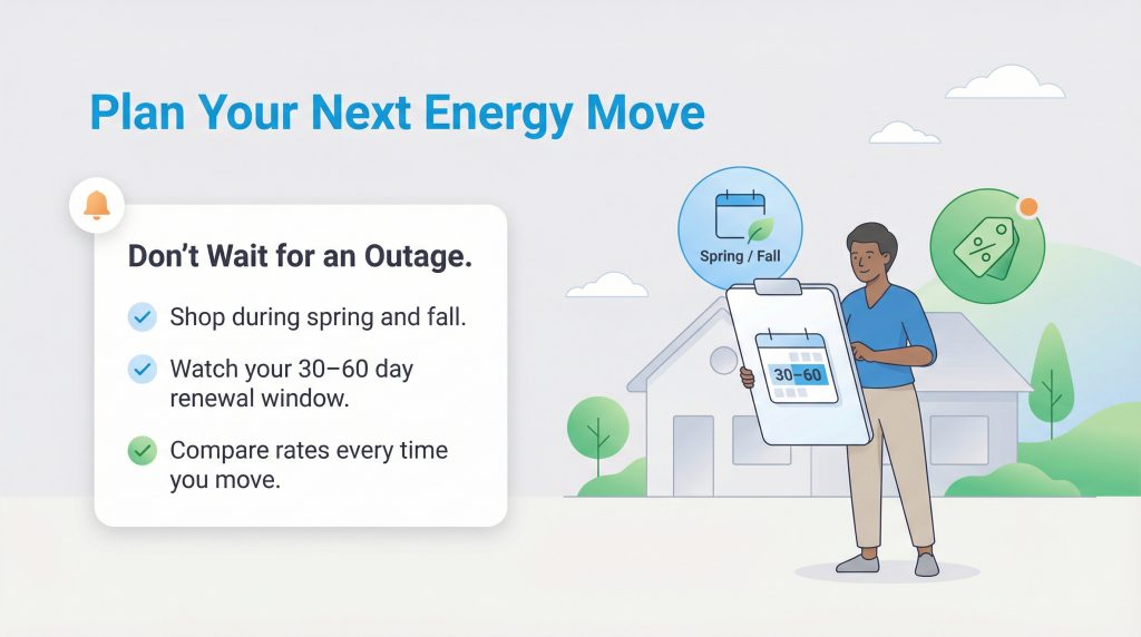 Illustration showing a checklist for planning an energy move by shopping during spring or fall.