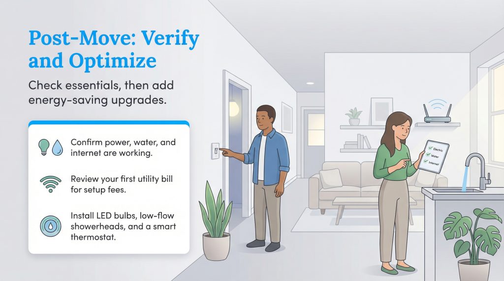 A couple in a new home checks utilities and a tablet checklist for post-move verification and optimization.