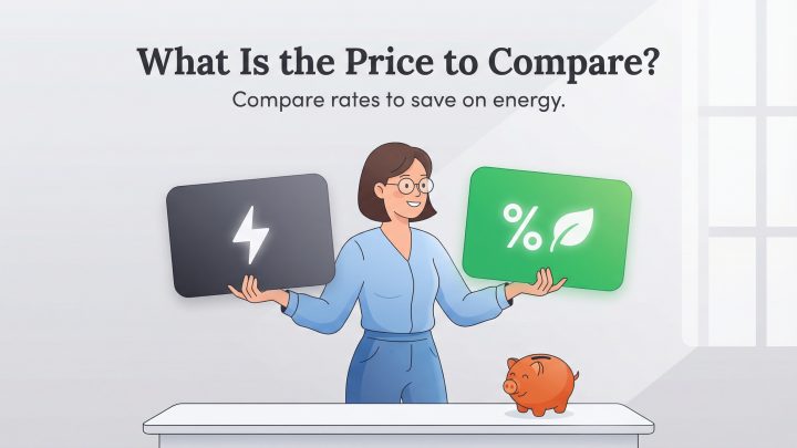 Illustration of a woman holding cards with energy symbols and a piggy bank, representing comparing rates.