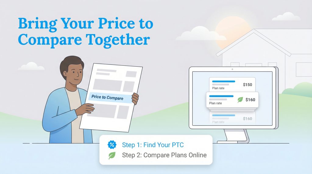 Illustration of a person using their Price to Compare to compare electricity plans on a computer.