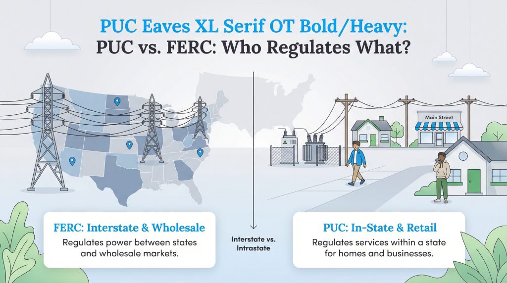 Infographic comparing FERC's interstate power regulation to PUC's in-state retail regulation.