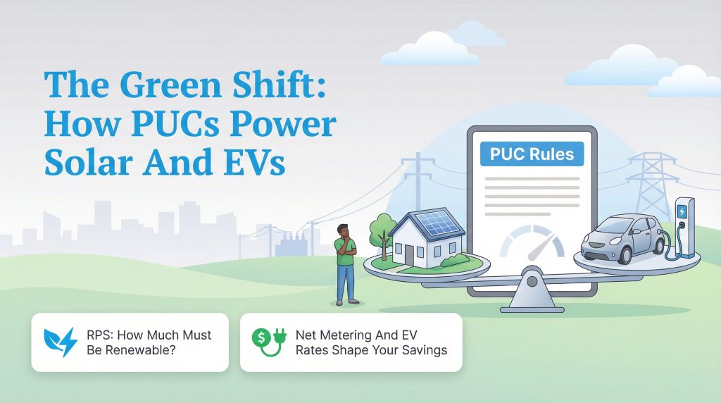 Illustration showing how Public Utilities Commission rules impact solar and electric vehicle adoption, with a man weighing options on a scale.