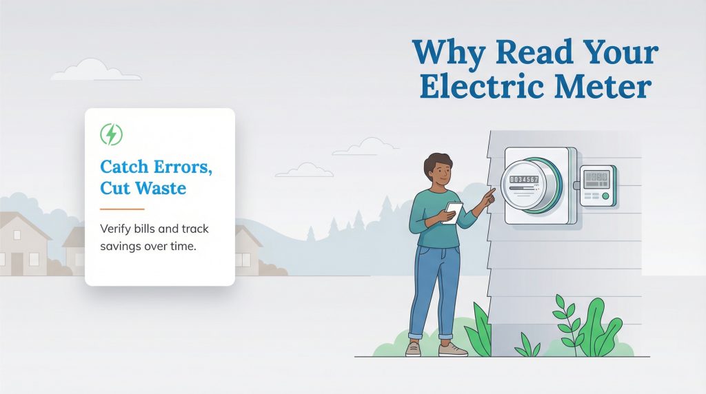 Illustration of a person checking an electric meter with a list of benefits.