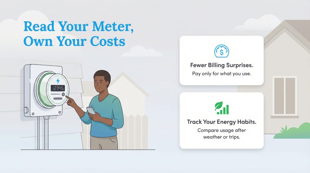 Man reads electric meter; text highlights benefits: fewer billing surprises and tracking energy habits.