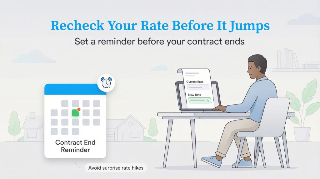 A man compares energy rates on a laptop, with a calendar reminder to recheck his contract end date to avoid price hikes.