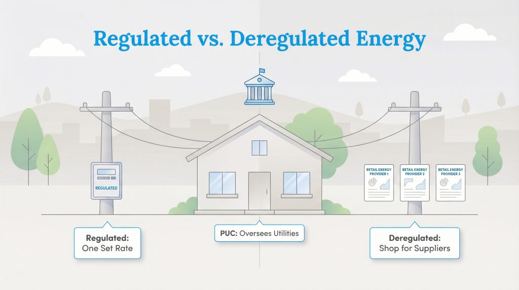 Infographic comparing regulated energy (one set rate) versus deregulated energy (shop for suppliers), both overseen by a PUC.