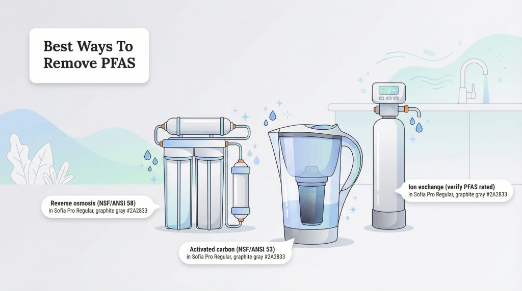 Illustration showing reverse osmosis, activated carbon, and ion exchange water filtration methods for removing PFAS.
