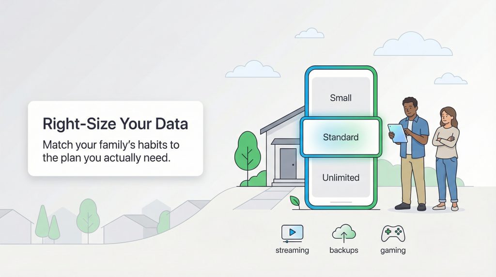 A couple selects the Standard data plan on a giant phone screen next to their house.