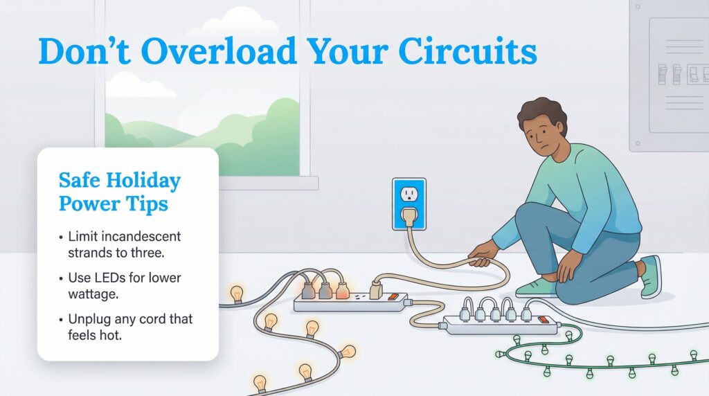 Illustration of a person with overloaded power strips and a list of Safe Holiday Power Tips.
