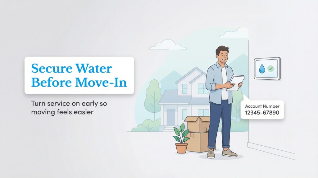 Man with moving boxes checks a utility panel, with text 'Secure Water Before Move-In'.
