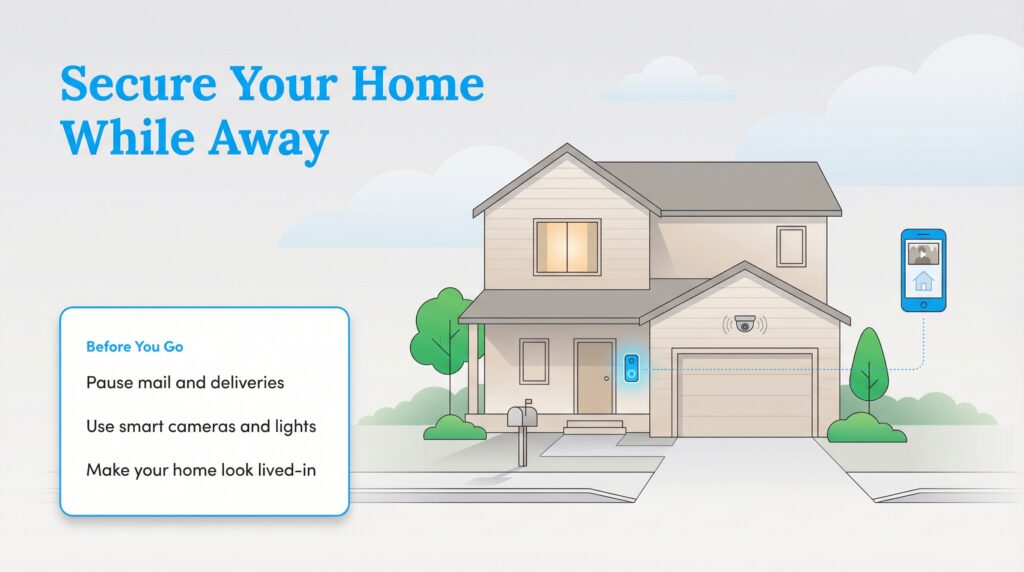 Infographic with a checklist for securing a home with smart devices before going away on vacation.