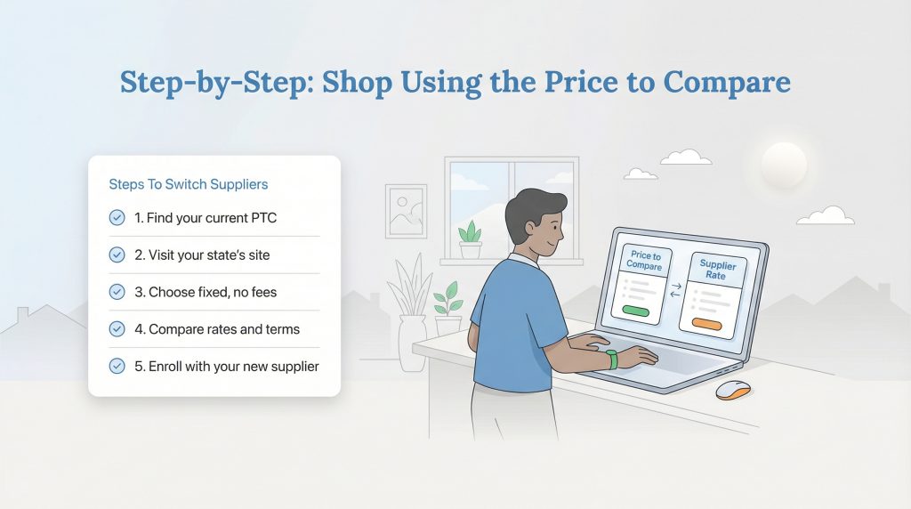 A five-step checklist for switching energy suppliers and a person on a laptop comparing rates.