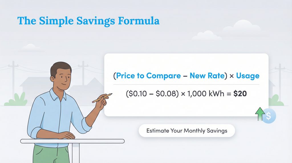 A man points to a formula: (Price to Compare - New Rate) x Usage, showing how to calculate utility savings.