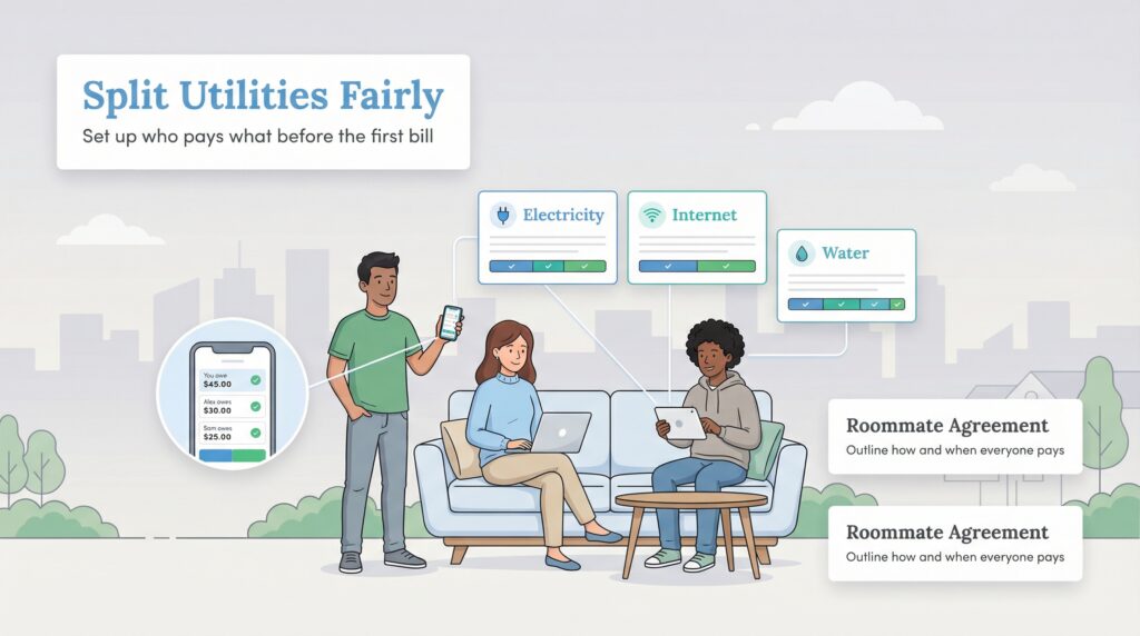 Roommates use apps and an agreement to split electricity, internet, and water bills fairly.