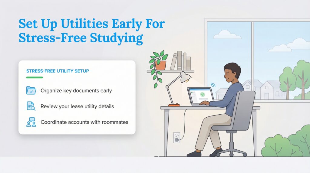 A person at a desk next to a checklist for stress-free utility setup.