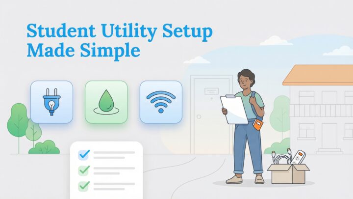 A student with a checklist and moving box, alongside utility icons for power, water, and Wi-Fi.