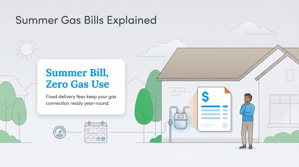 Illustration explaining why fixed delivery fees apply to summer gas bills even with zero usage.