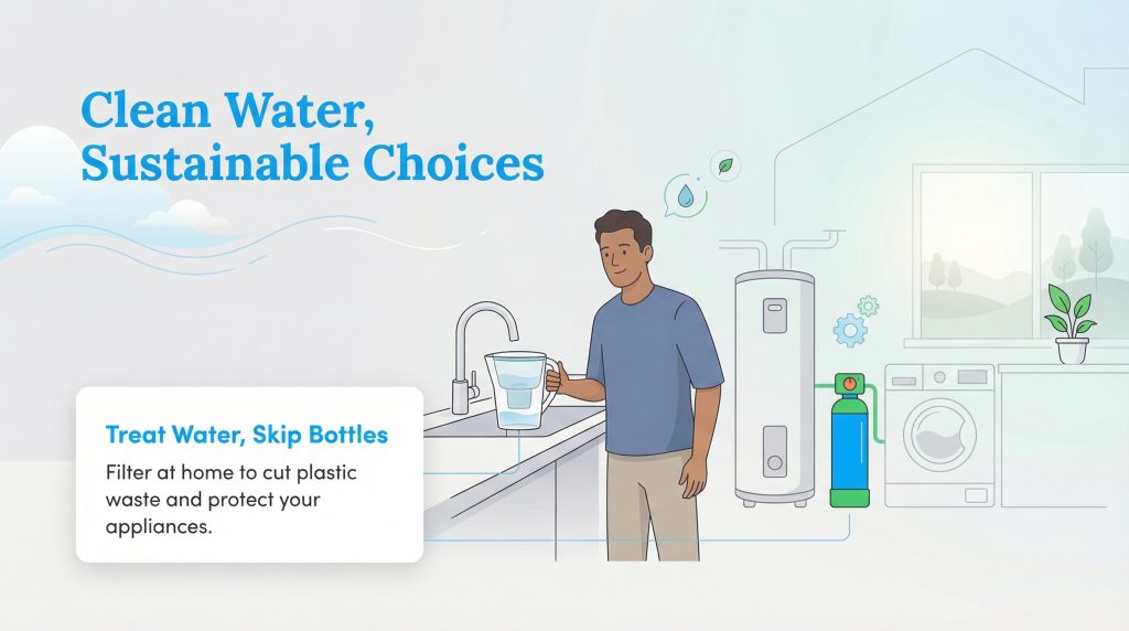A man in a kitchen uses a water filter pitcher next to appliances, with text about sustainable home water treatment.